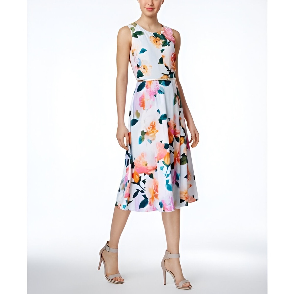 Calvin Klein Spring Summer Sleeveless Floral A-Line Blue Midi Dress Women's Sz 2